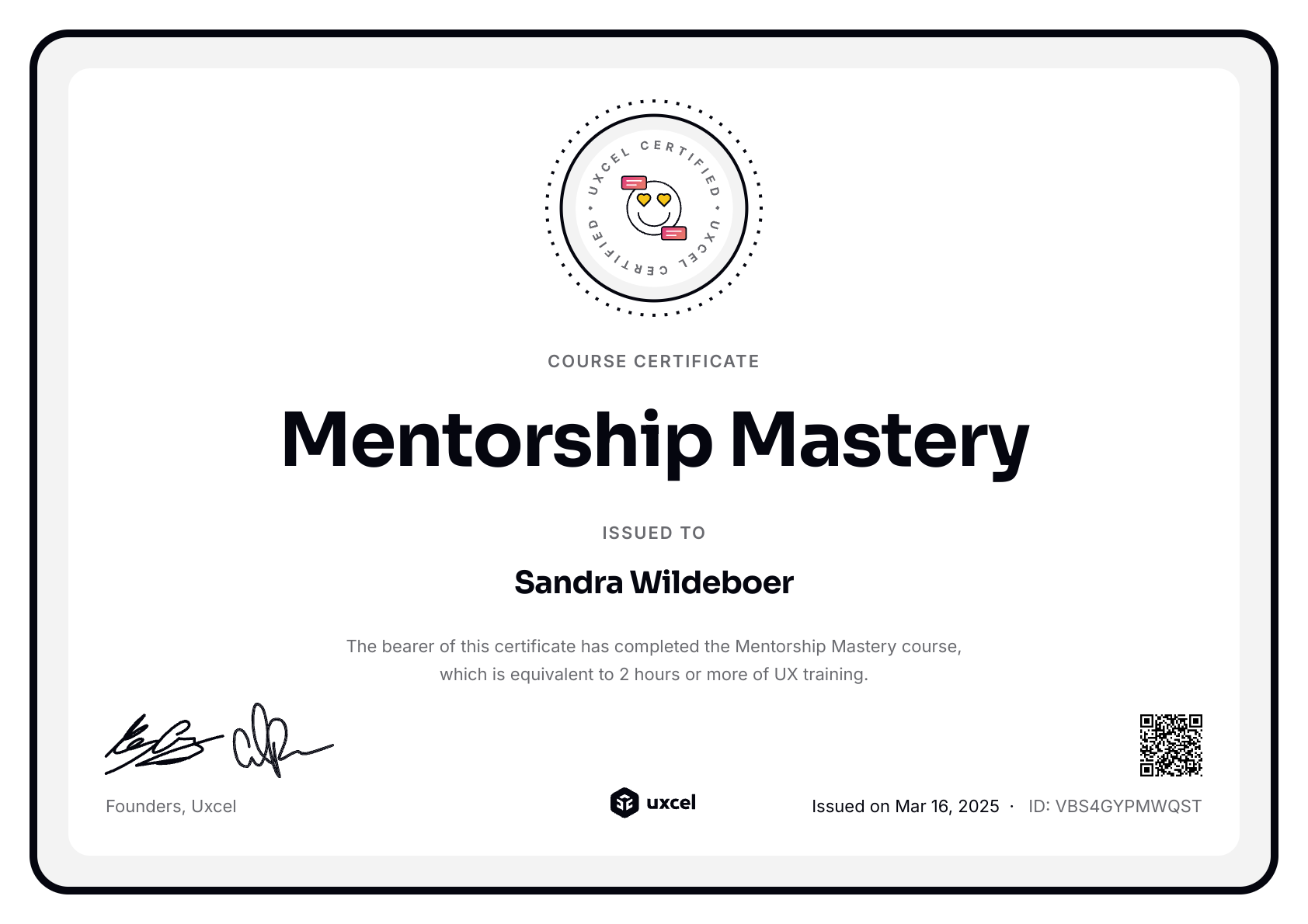 Sandra Wildeboer's certificate